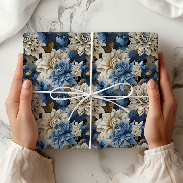 Chic Blue Ivory Floral Elegant Gift Wrapping Paper (Chic Blue Ivory Floral Elegant Gift Wrapping Paper)