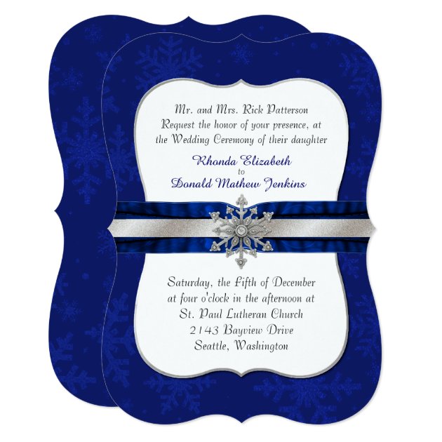 Chic Blue Jeweled Snowflake Wedding Invitation