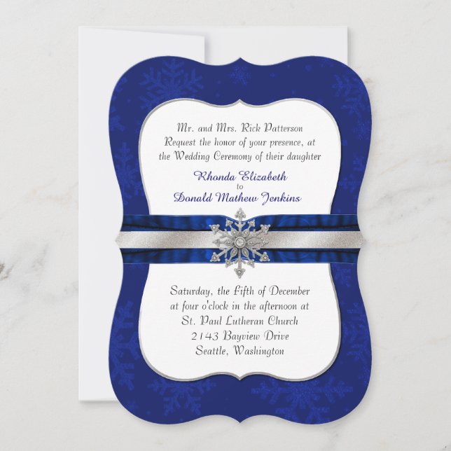 Chic Blue Jeweled Snowflake Wedding Invitation (Front)