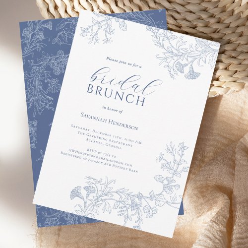 Chic Blue Line Drawn Floral Bridal Shower Brunch Invitation
