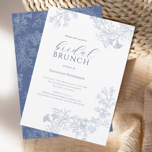 Chic Blue Line Drawn Floral Bridal Shower Brunch Invitation (Creator Uploaded)