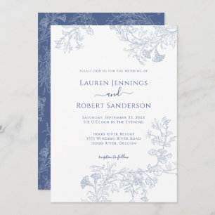 Chic Blue Line Drawn Floral Wedding Invitation