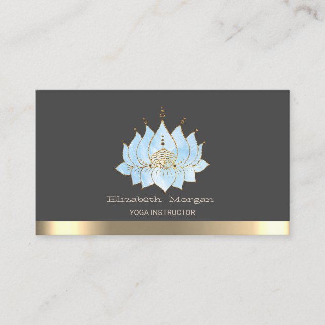 Chic Blue Lotus Gold Stripe Yoga Instructor Business Card (Front)