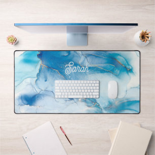 Chic Blue Marble and Gold Personalized Desk Mat