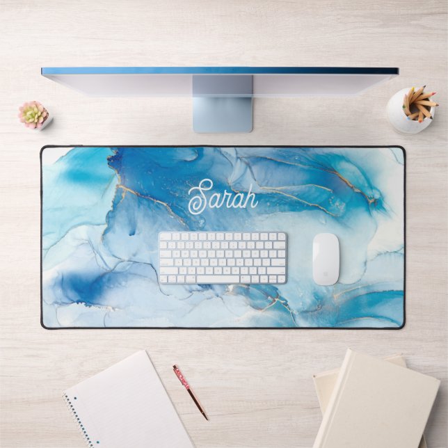 Chic Blue Marble and Gold Personalized Desk Mat (Office 1)