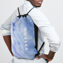 Chic Blue Marble Personalized Drawstring Bag