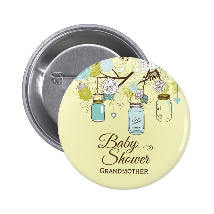 Chic blue mason jar floral baby shower button