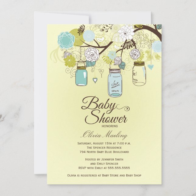 Chic blue mason jar floral baby shower invitation (Front)