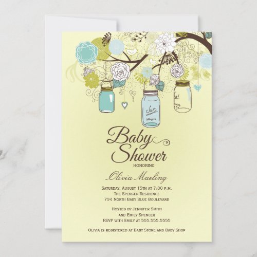 Chic blue mason jar floral baby shower invitation