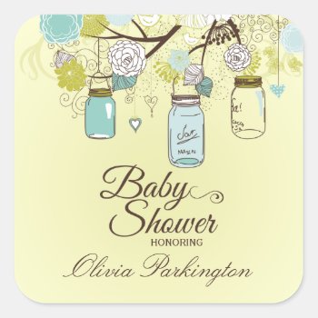 Chic Blue Mason Jar Floral Baby Shower Stickers by Jamene at Zazzle