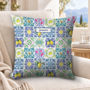 Chic Blue Mediterranean Sicilian Tile Pattern Throw Pillow