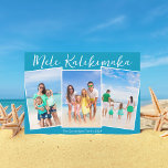 Chic Blue Mele Kalikimaka 3 Beach Photo Christmas Holiday Card<br><div class="desc">Chic blue customizable beach family photo collage Christmas card with your favorite tropical photos in the sun. Add 3 of your favorite vertical photograph memories from your island vacation to the coast. Beautiful coastal horizontal holiday cards with a clean,  modern photograph layout and pretty white script.</div>