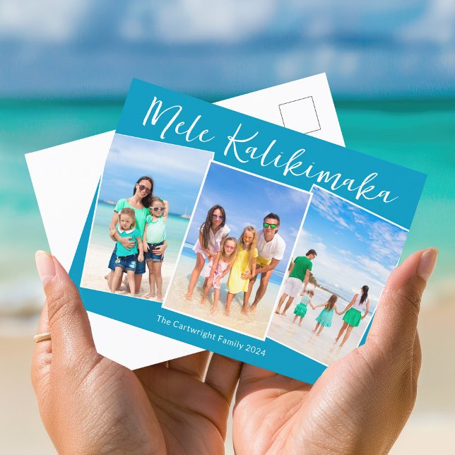 Chic Blue Mele Kalikimaka 3 Family Photo Christmas Holiday Postcard (Creator Uploaded)