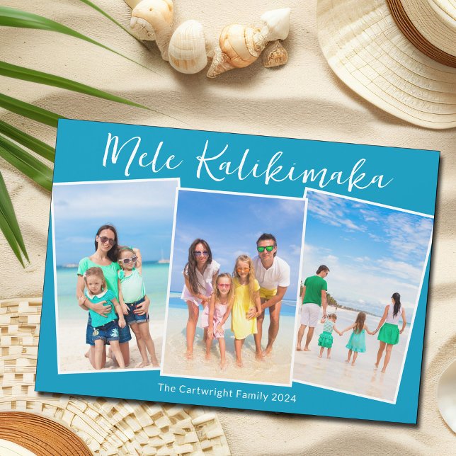 Chic Blue Mele Kalikimaka 3 Photo Christmas Magnet (Creator Uploaded)