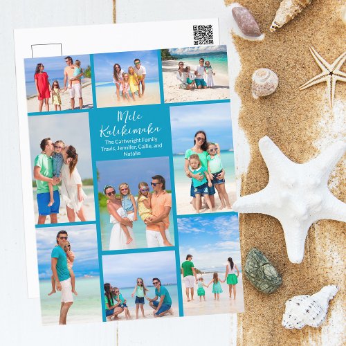 Chic Blue Mele Kalikimaka Photo Collage Beach Holiday Postcard