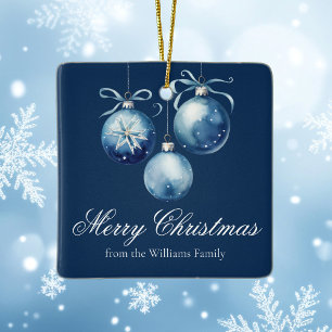 Chic Blue Merry Christmas 2025 Personalized Family Ceramic Ornament