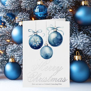 Chic Blue Merry Christmas Ornament Business Silver Foil Holiday Card