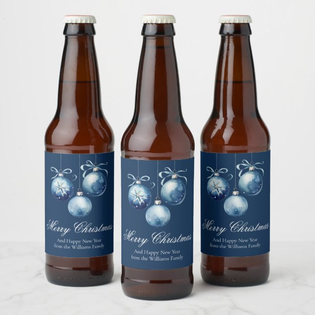 Chic Blue Merry Christmas Ornaments Customized Beer Bottle Label (Bottles)