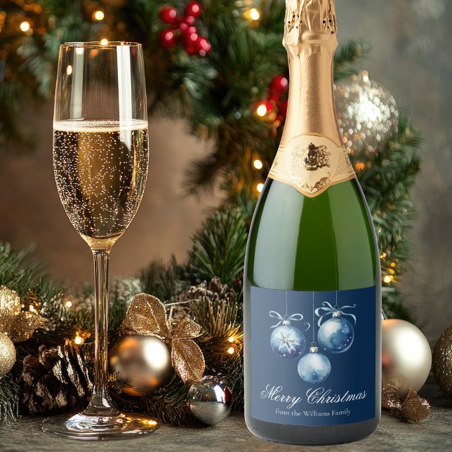 Chic Blue Merry Christmas Ornaments Customized Sparkling Wine Label (Creator Uploaded)