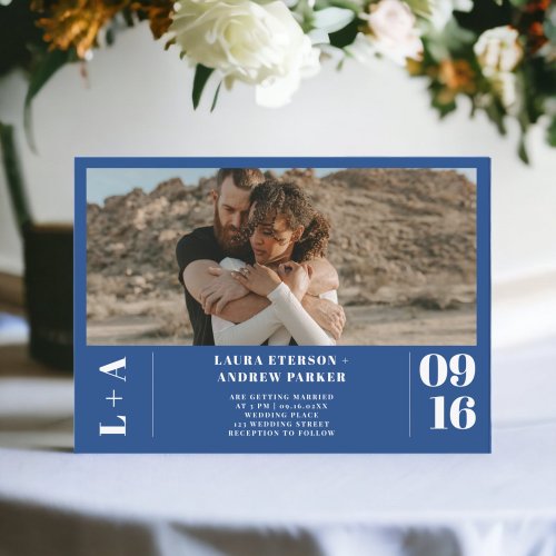 Chic blue minimalist initials 1 photo wedding invitation