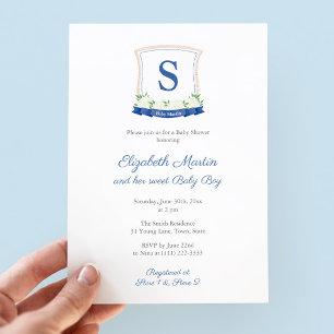 Chic Blue Nautical Monogram Boy Baby Shower Party Invitation