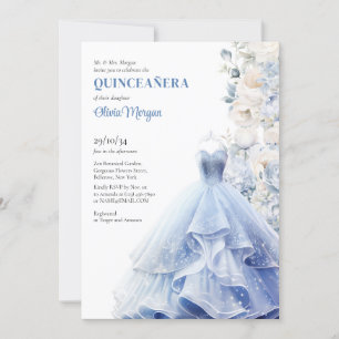 Chic blue opulent dress watercolor flowers peonies invitation