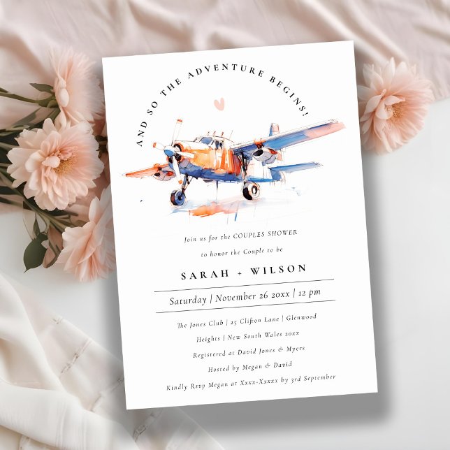 Chic Blue Orange Blush Airplane Couples Shower Invitation (Creator Uploaded)