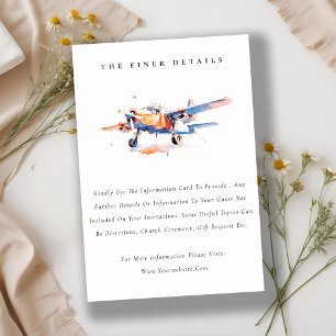 Chic Blue Orange Blush Airplane Wedding Detail Enclosure Card