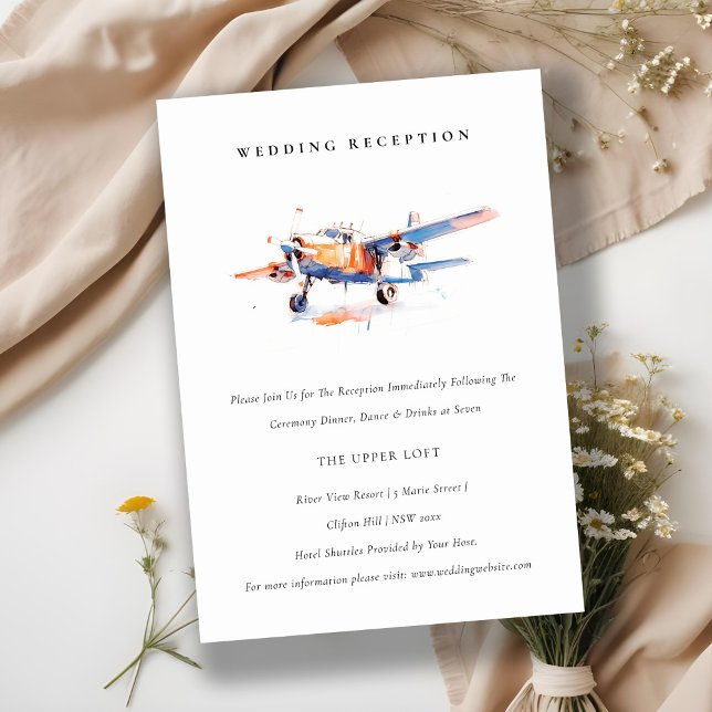Chic Blue Orange Blush Airplane Wedding Reception Enclosure Card (Creator Uploaded)