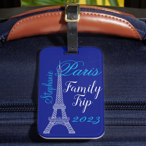 Chic Blue Paris Eiffel Tower Family Trip Luggage Tag