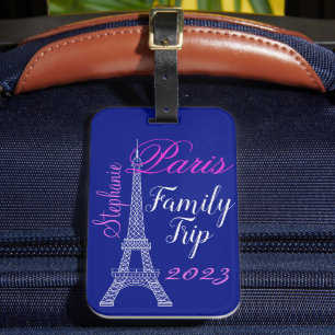 Chic Blue Paris France Eiffel Tower Family Trip Luggage Tag