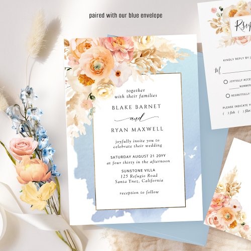 Chic Blue Peach Blush and Cream Floral Wedding Invitation