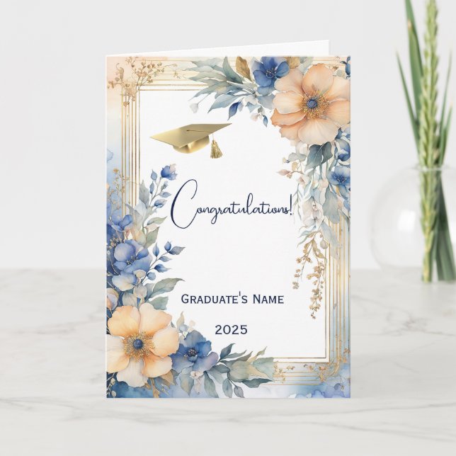 Chic Blue Peach Floral Personalized Graduation Card (Front)