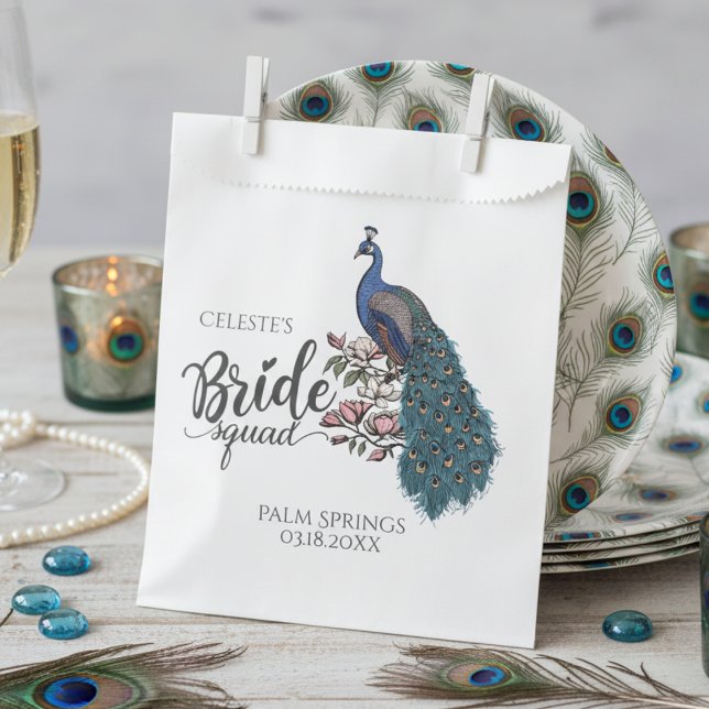 Chic Blue Peacock Bride Squad Favor Bag (Chic Floral Peacock Bride Squad Bridal Shower Favor Bags for Elegant Flower & Bird Theme Wedding)
