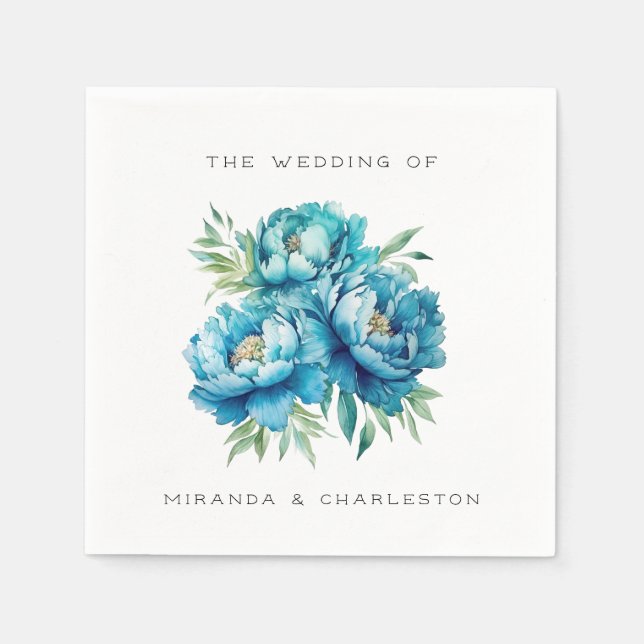 Chic Blue Peony Flower Wedding Napkins (Front)