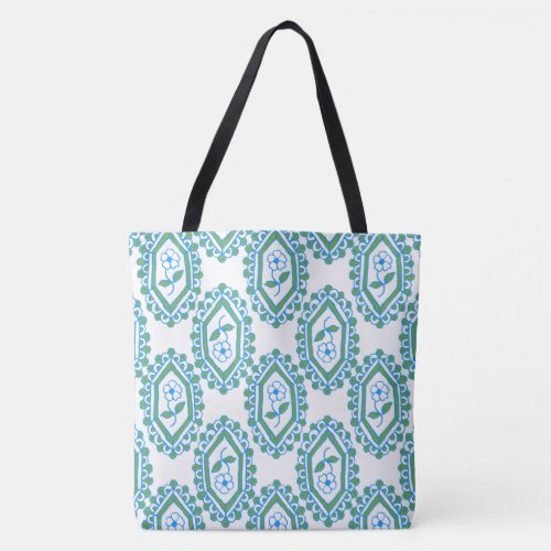 Chic Blue Periwinkle Motifs on White Background Tote Bag