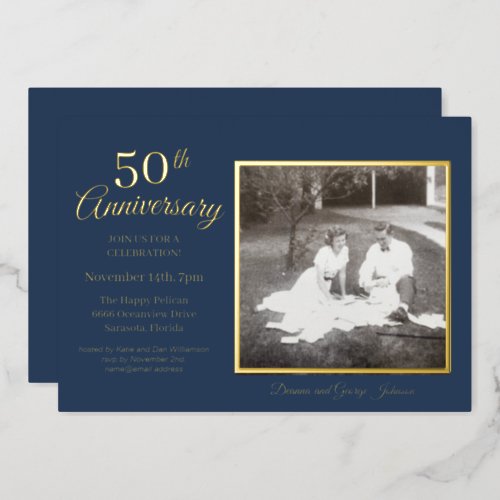 Chic Blue Photo 50th Anniversary Gold Foil Invitation