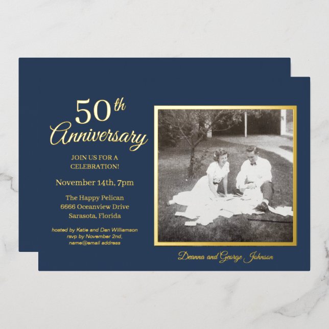 Chic Blue Photo 50th Anniversary Gold Foil Invitation (Front/Back)