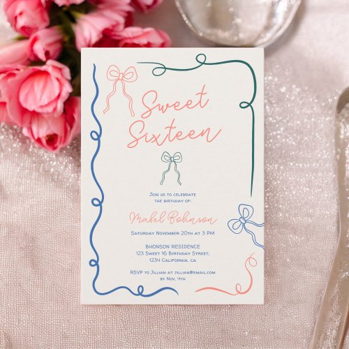 Chic blue pink bows ribbons illustrations Sweet 16 Invitation
