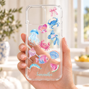 Chic Blue Pink Coastal Sea Creatures Clear iPhone 16 Case