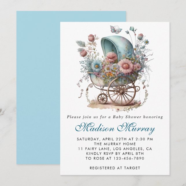 Chic Blue & Pink Floral Buggy Stroller Baby Shower Invitation (Front/Back)