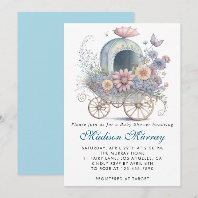Chic Blue & Pink Floral Buggy Stroller Baby Shower Invitation (Front/Back)