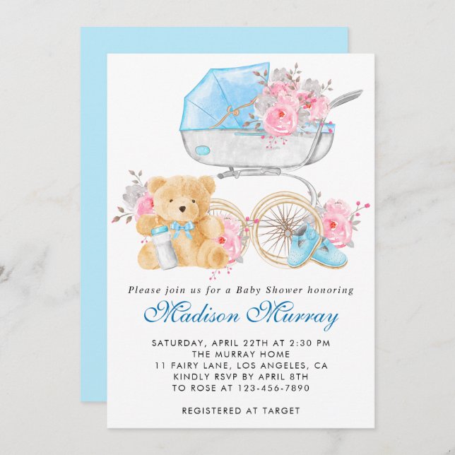 Chic Blue & Pink Floral Stroller Pram Baby Shower Invitation (Front/Back)