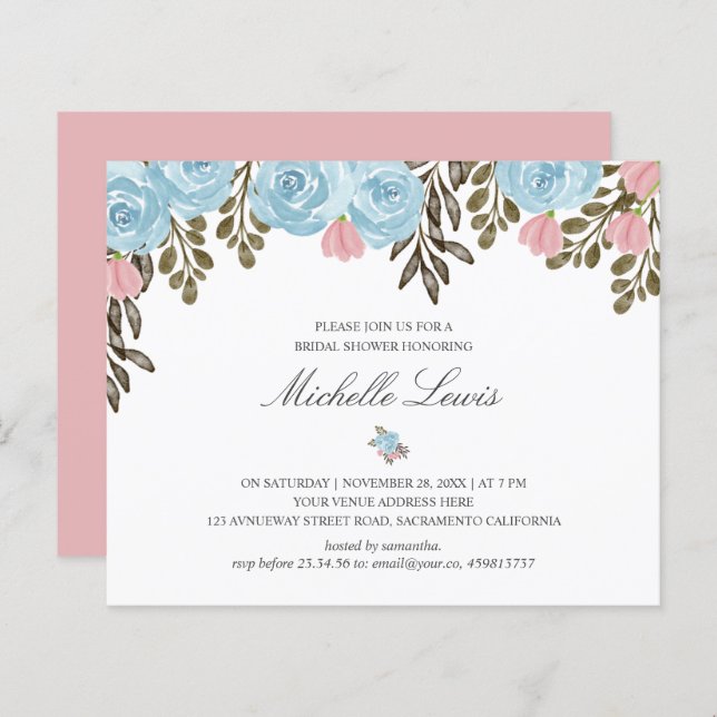 Chic Blue Pink floral Wedding Bridal SHOWER (Front/Back)