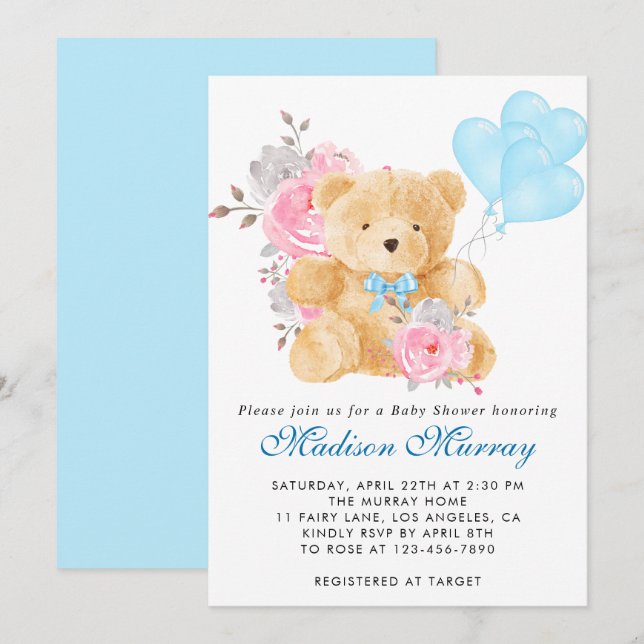 Chic Blue Pink Grey Floral Teddy Bear Baby Shower Invitation (Front/Back)