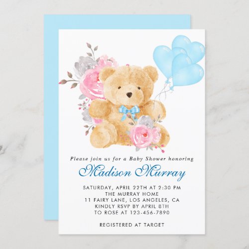 Chic Blue Pink Grey Floral Teddy Bear Baby Shower Invitation