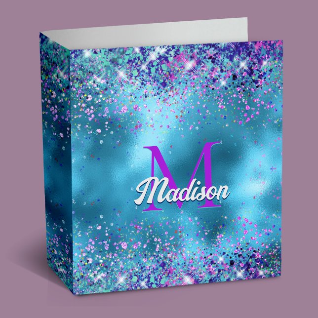 Chic Blue pink iridescent glitter monogram 3 Ring Binder (Creator Uploaded)