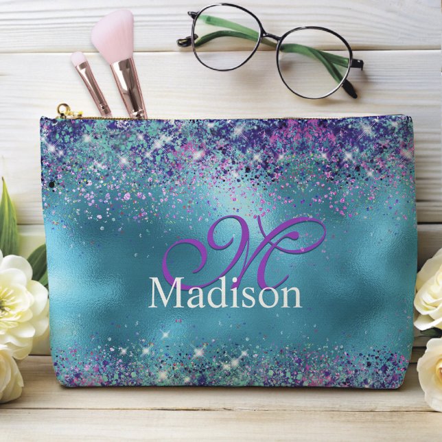 Chic Blue pink iridescent glitter monogram Accessory Pouch (Creator Uploaded)