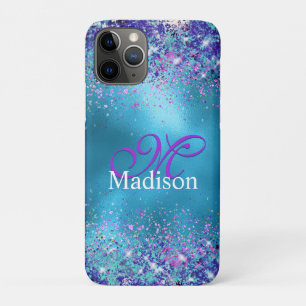 Chic Blue pink iridescent glitter monogram iPhone 11 Pro Case
