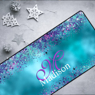 Chic Blue pink iridescent glitter monogram Desk Mat